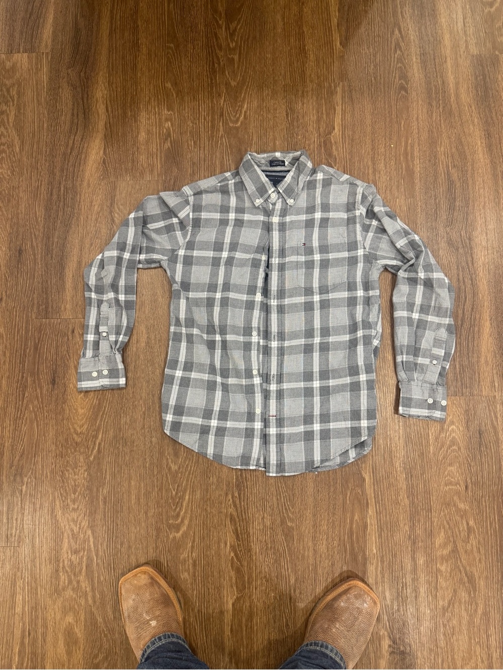 Tommy Hilfiger Grey and White Plaid Button-Down Shirt
